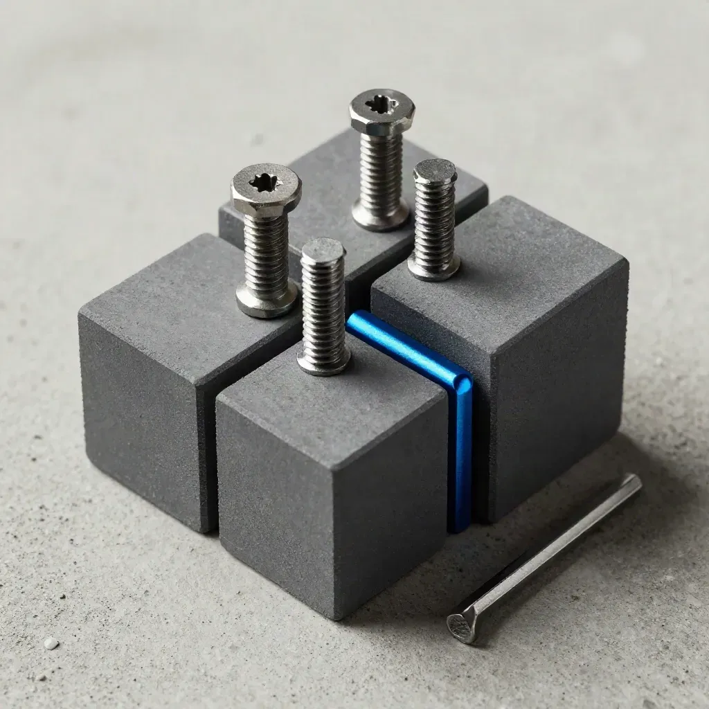 Makro von verbundenen Metallblöcken, Schrauben und Inbusschlüssel auf hellem Beton.