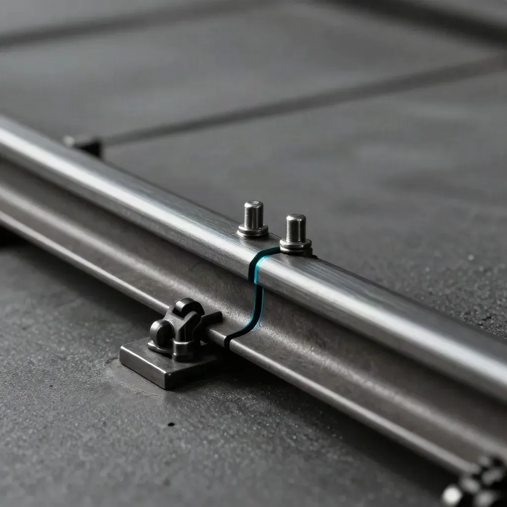 Modulare Metallschienen mit Steckverbindern und zwei Pins auf dunklem Bürstmetall.