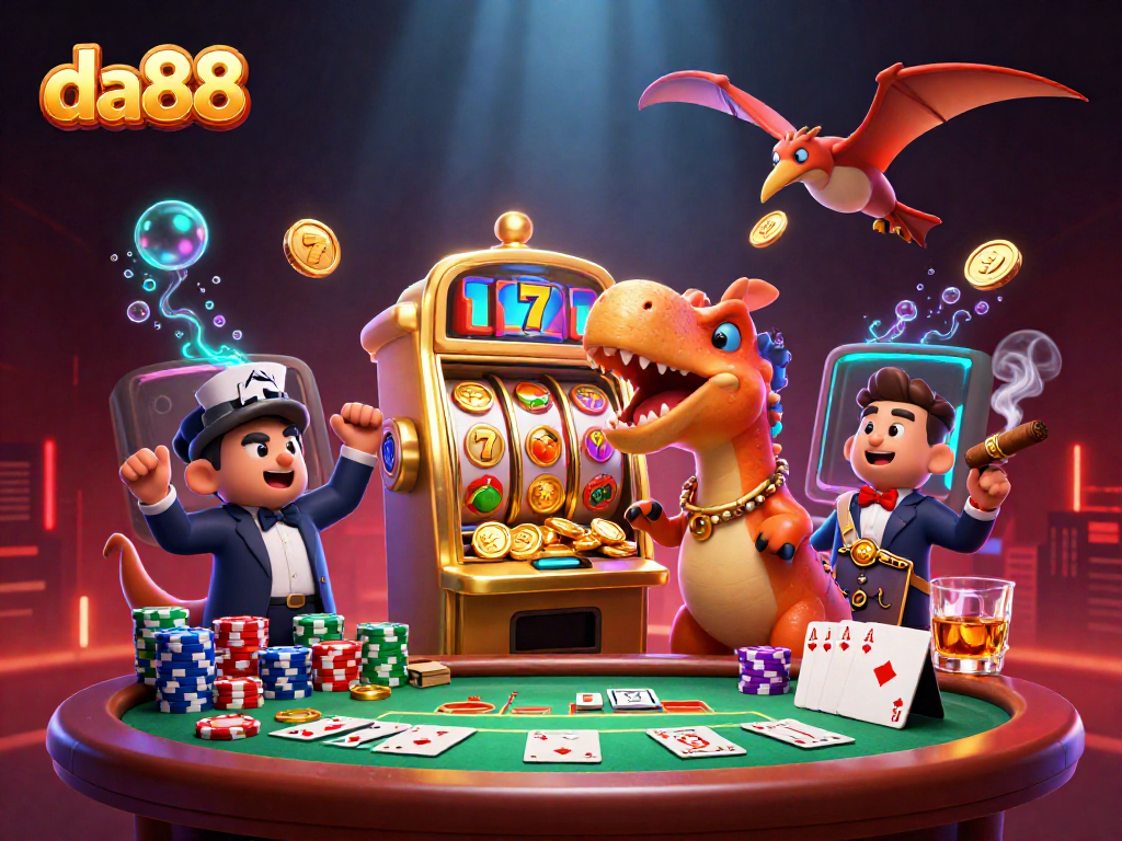 da88 jackpot scene with a dinosaur and casino elements, emphasizing fun gaming moments
