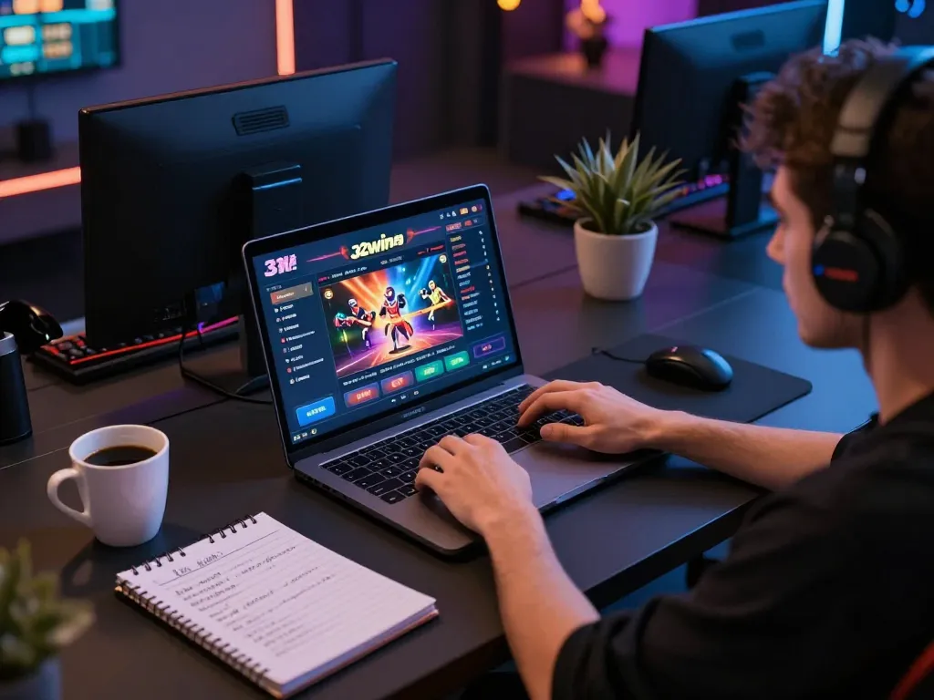 32win player immersed in online gaming, showcasing engaging gambling strategies at a stylish desk setup.