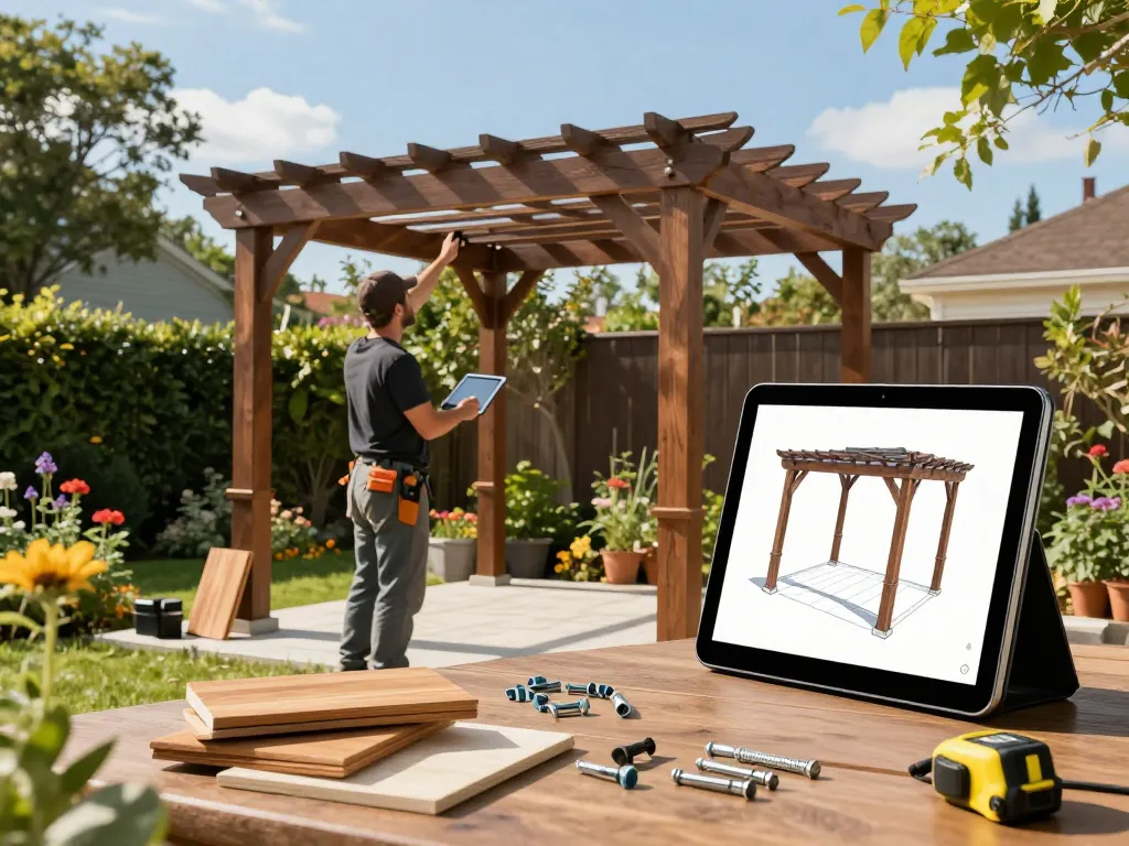 Ein Pergola-Installateur nutzt Software für Pergola-Installateure in einem üppigen Hinterhof, während er aktiv 3D-Designs konfiguriert und lebendige Gartenelemente präsentiert.