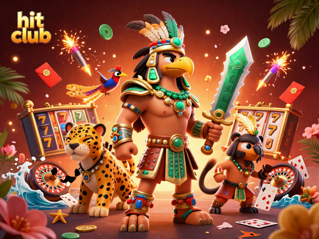 Spin the reels at hit club with an entertaining Aztec-themed casino scene filled with vibrant game elements.