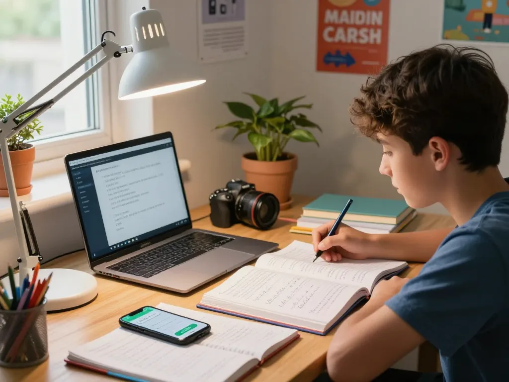 Student, der einen Hausaufgaben KI-Assistenten auf einem Laptop für Hausaufgabenhilfe in einem gemütlichen Arbeitszimmer nutzt.