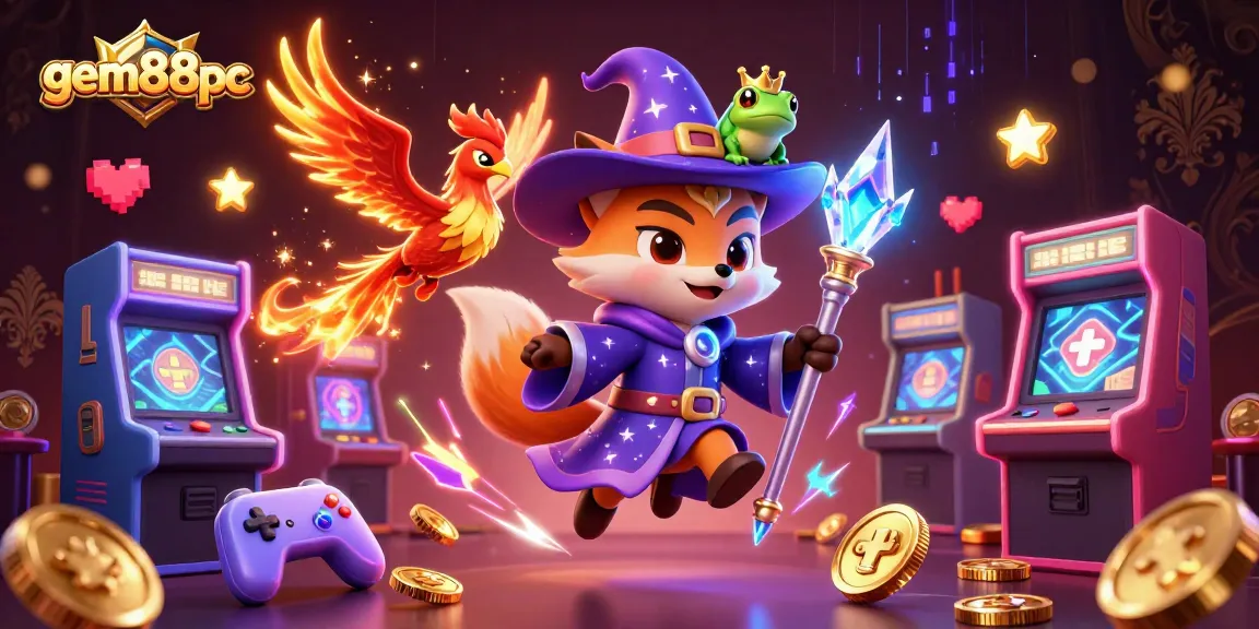 Experience the magical gem88pc scene with a wizard fox, phoenix, and game elements in a vibrant casino setting.