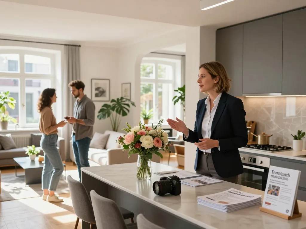 Immobilienmakler Frankfurt Ginnheim präsentiert ein modernes Open House mit professioneller Dekoration und interessierten Käufern, die den Raum erkunden.