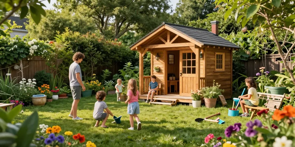 Gartenhaus kaufen: modernes Holz-Gartenhaus inmitten eines blühenden Gartens, ideal für entspannte Familienmomente.