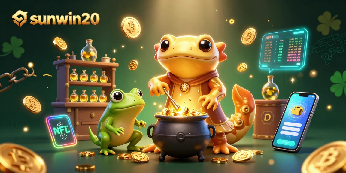 Experience wealth and excitement with sunwin20 in a vibrant casino scene filled with gold coins and crypto elements.