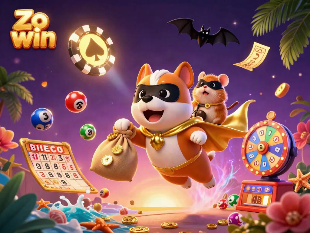 Experience the excitement of Zo win as a superhero dog flies with gold coins amidst colorful lottery elements.