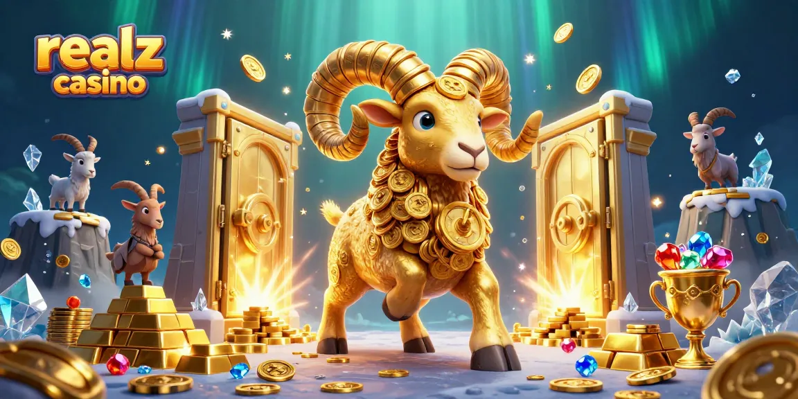 Engage with realz casino's dynamic gaming scene featuring a golden ram breaking through a treasure vault.