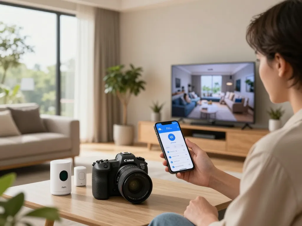 Hausbesitzer verwaltet das Ajax Alarmanlage Sicherheitssystem in einem modernen Wohnzimmer mit sichtbaren Sensoren und Smartphone.
