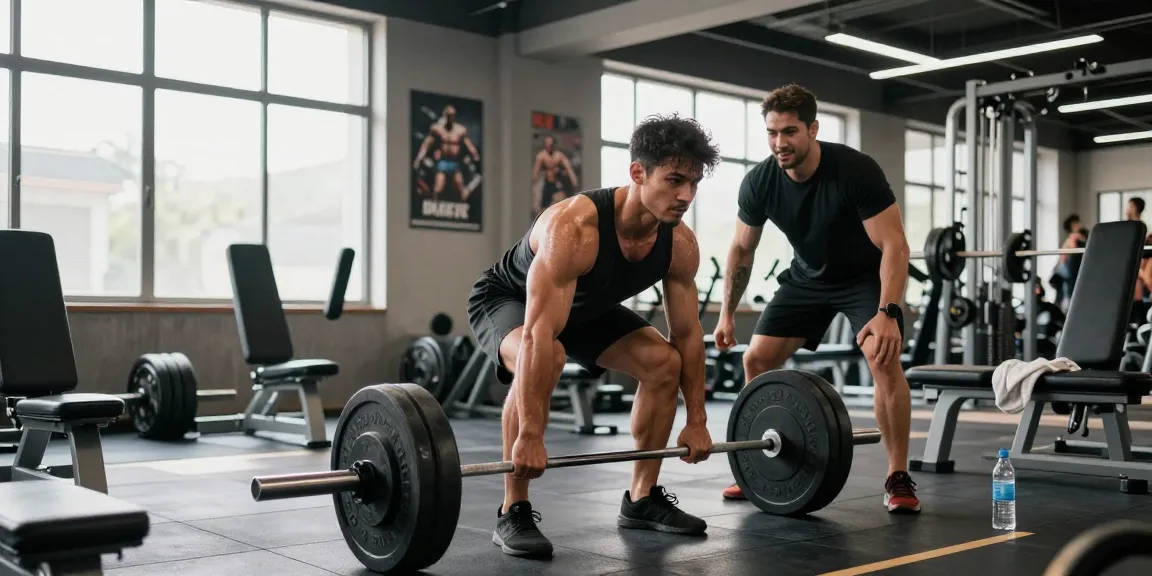 Anabolika Shop's dynamic fitness scene showcasing a bodybuilder deadlifting with gym equipment and a supportive training partner, emphasizing strength.