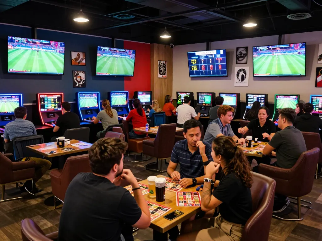 Engaged bettors analyzing odds in a lively sports betting lounge focusing on tin soi kèo strategies