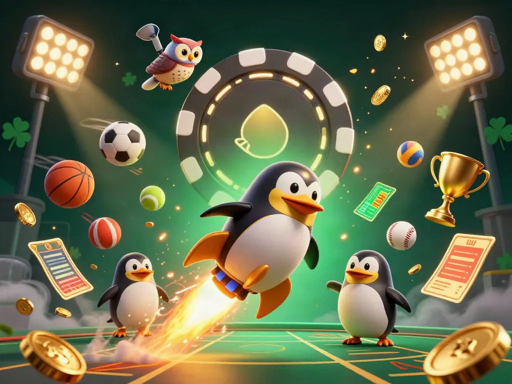 Experience tx88 casino magic with a golden penguin and dynamic sports elements in an exciting 3D scene.