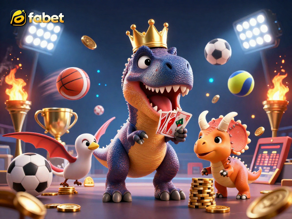 Engage with fabet's lively gaming world featuring a T-Rex and friends enjoying a card game.