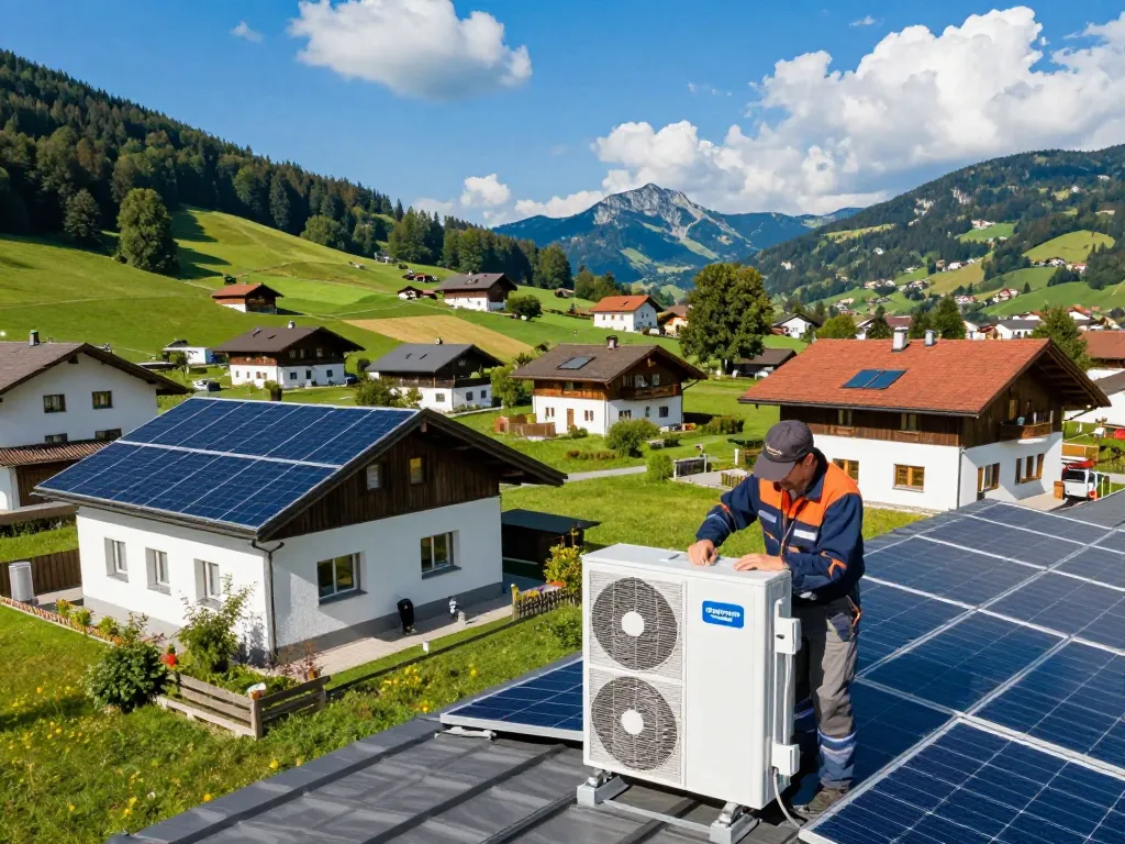 Installation von Photovoltaik Bayern mit Solarpanelen auf Wohnhäusern und einem Techniker, der eine Wärmepumpe einrichtet.