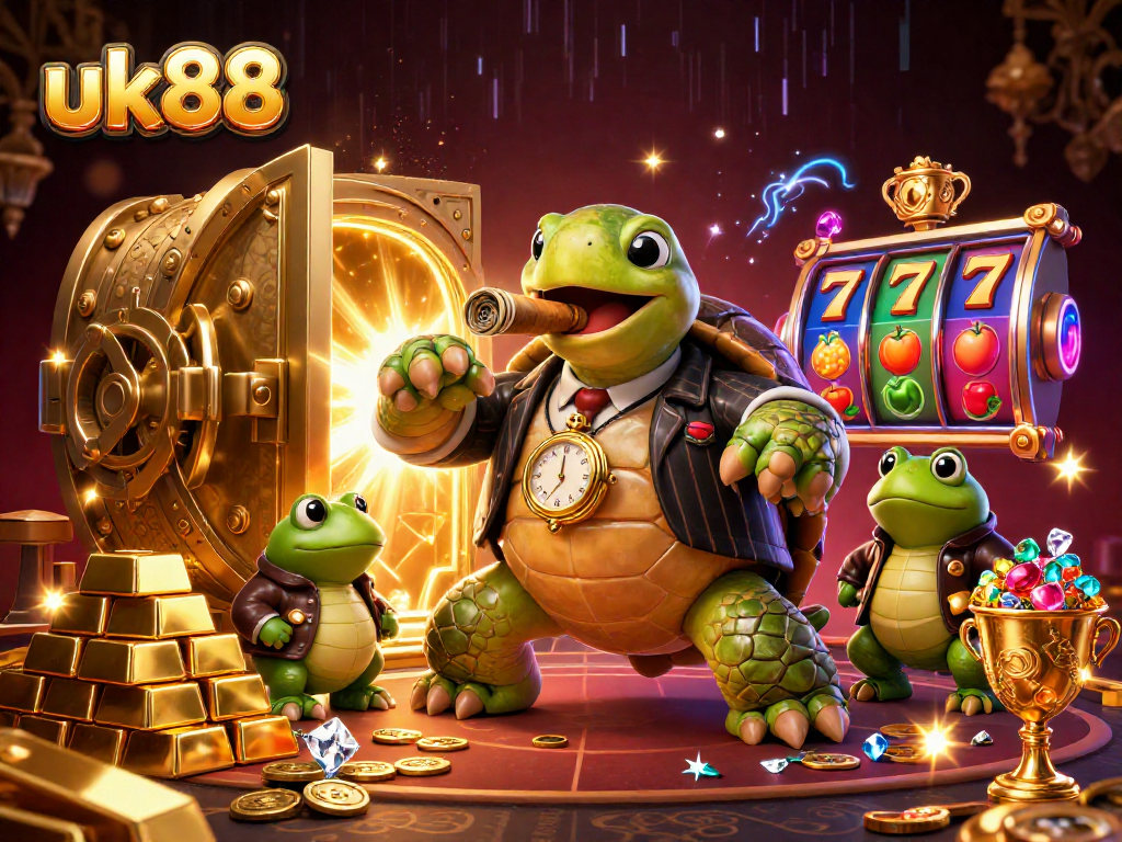 Experience the thrill of uk88 with 3D characters in a vibrant casino scene including slot reels.