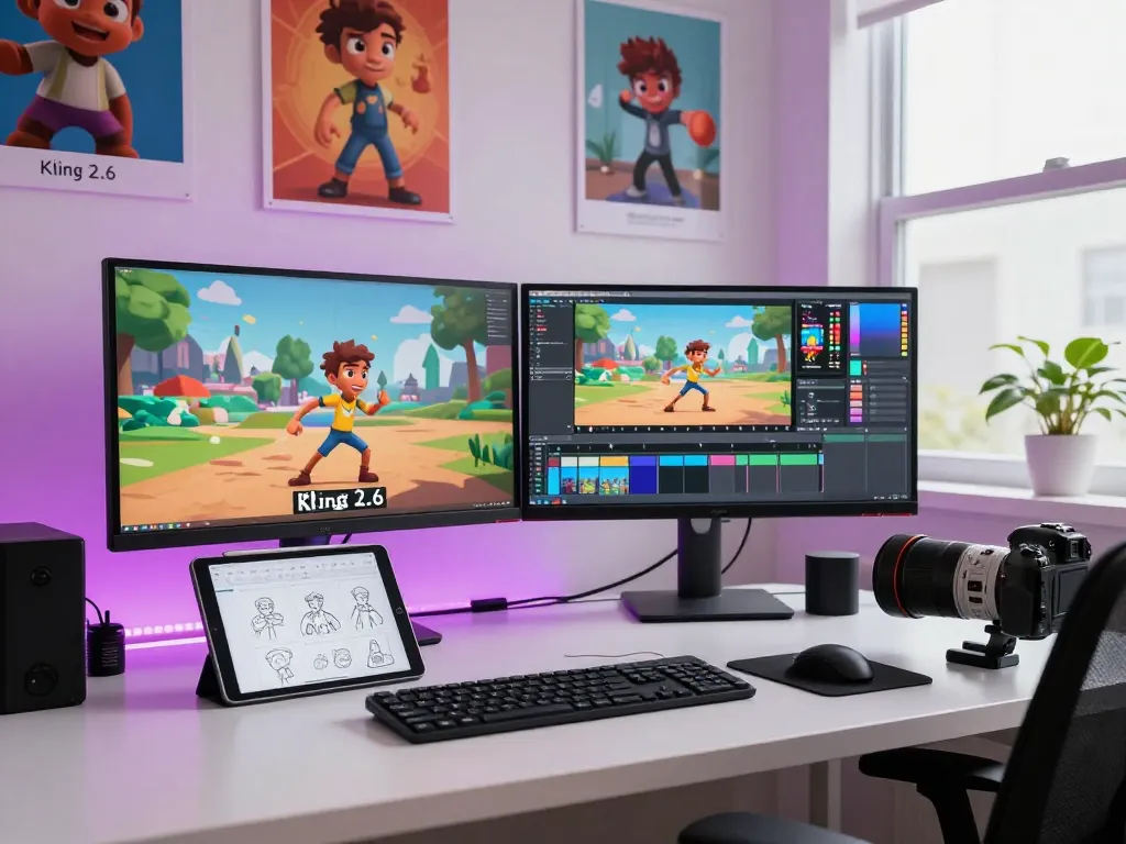 Kling 2.6 motion control used in a modern creative workspace, showcasing video animation process with tech gadgets and vibrant atmosphere.