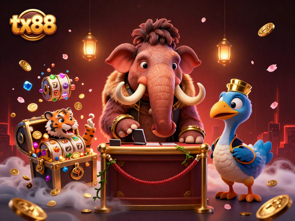 Experience the vibrant tx88 casino scene with a woolly mammoth bouncer checking IDs amidst floating slot reels and treasure.