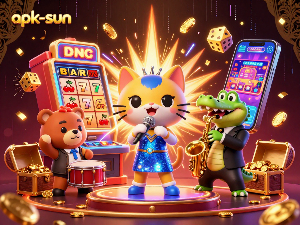 Experience the thrills of apk-sun with vibrant casino characters and a jackpot explosion!