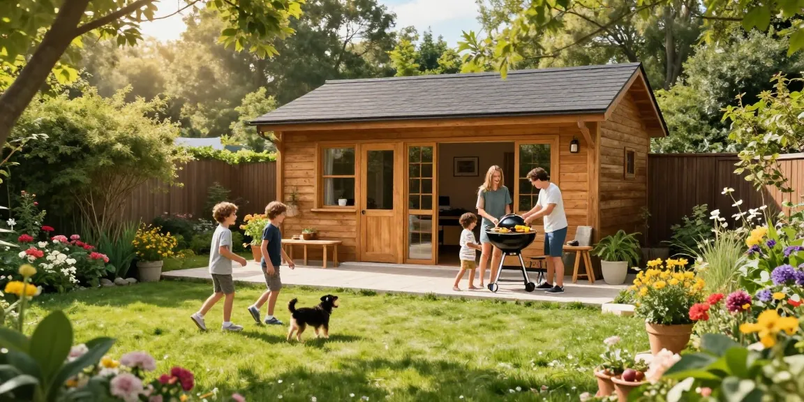 Gartenhäuser in einem blühenden Garten, Familie genießt sonnigen Tag im Freien.