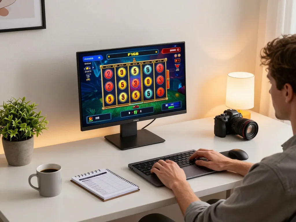 Engaging moment at F168 online casino showing player experiencing an exciting slot win on laptop.