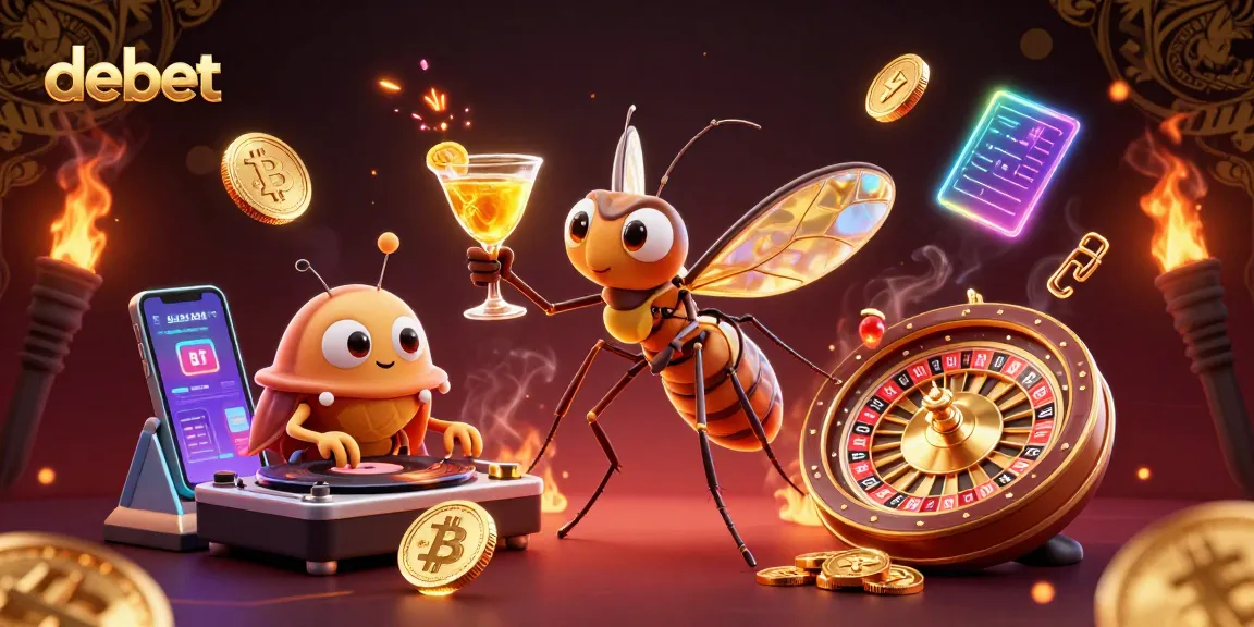 Engage with debet's vibrant gaming atmosphere featuring exciting casino characters and crypto elements.