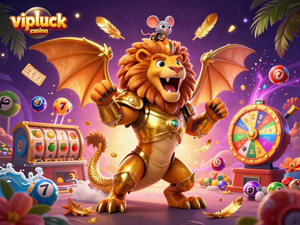 Experience the excitement of vipluck casino with captivating 3D visuals of gaming elements and characters.