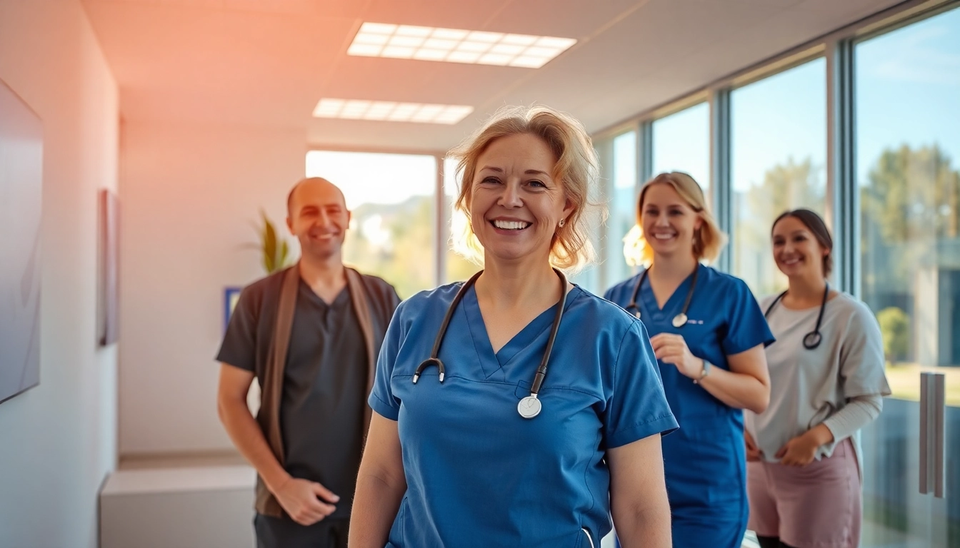 Pflegedienst gründen: Glückliche Gründer und Pflegekräfte in einem modernen Büro diskutieren Pläne.