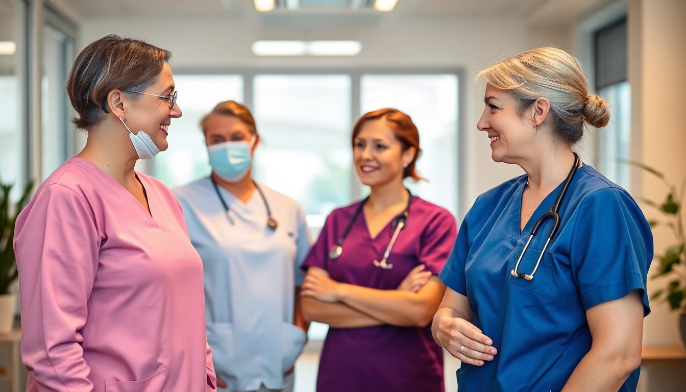 Illustration zur Personalgewinnung in der Pflege zeigt engagierte Pflegekräfte bei der Teamarbeit.