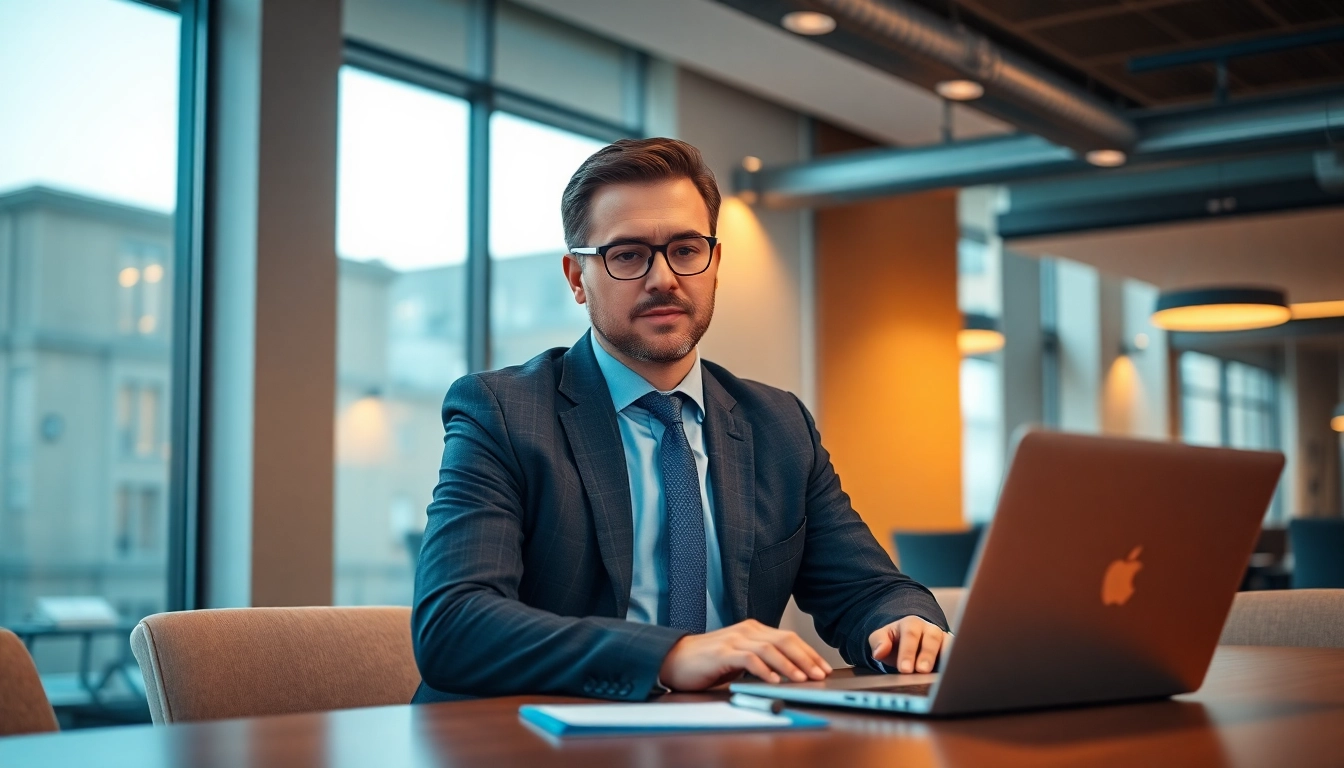 Headhunter consulting with a client in a modern office environment, showcasing professional engagement.