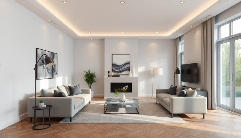 Erstellen Sie eine beeindruckende 3D Visualisierung erstellen eines modernen Wohnzimmers mit eleganten Möbeln.