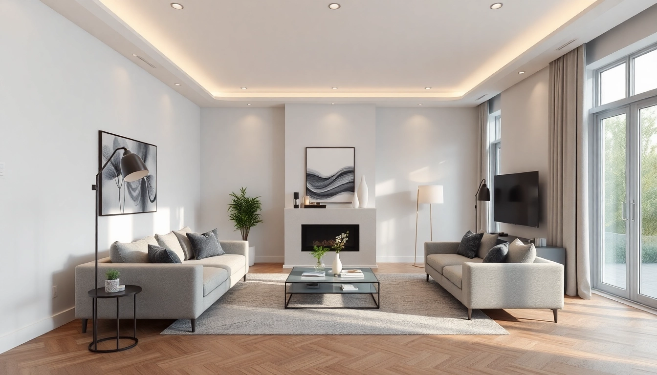 Erstellen Sie eine beeindruckende 3D Visualisierung erstellen eines modernen Wohnzimmers mit eleganten Möbeln.