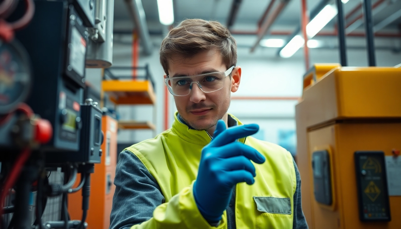 Technician performing the DGUV V3 Prüfung on electrical equipment, ensuring workplace safety.