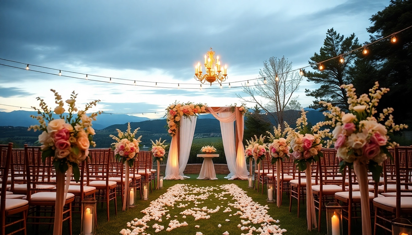 Beautiful hochzeitslocation setup with floral decorations, perfect for an outdoor wedding ceremony.