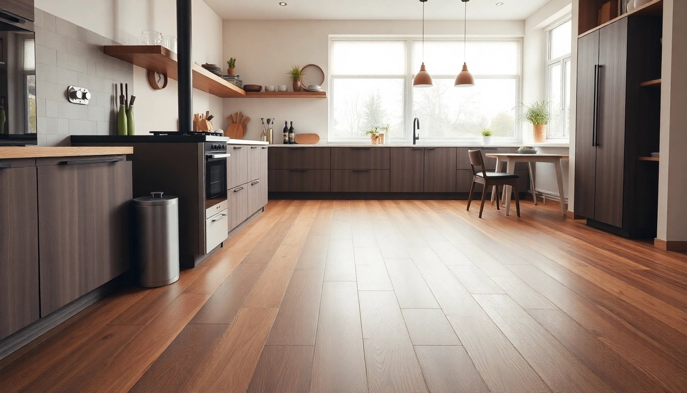 Akku Staubsauger setzt glänzenden Holzfußboden in einer modernen Küche effektiv in Szene.