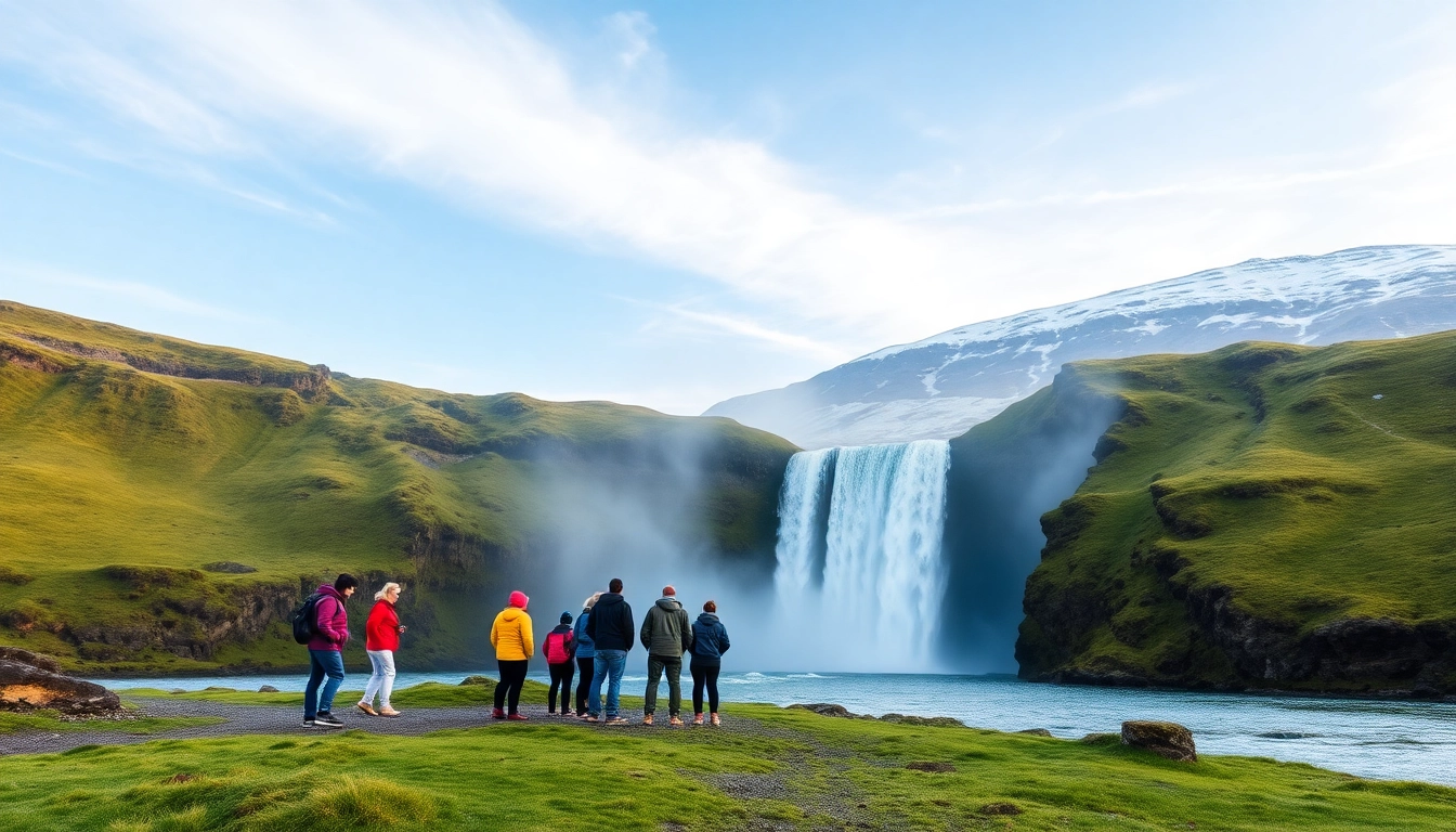 Entdecken Sie die atemberaubende Wasserfall-Landschaft bei einer Reise nach Island mit grünen Wiesen und schneebedeckten Bergen.