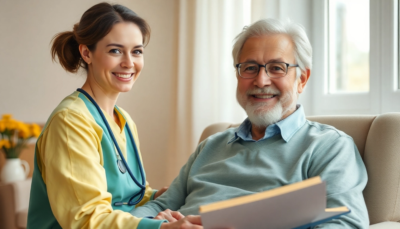 Beratung durch einen Pflegedienst: Eine Pflegekraft hilft einer älteren Person.