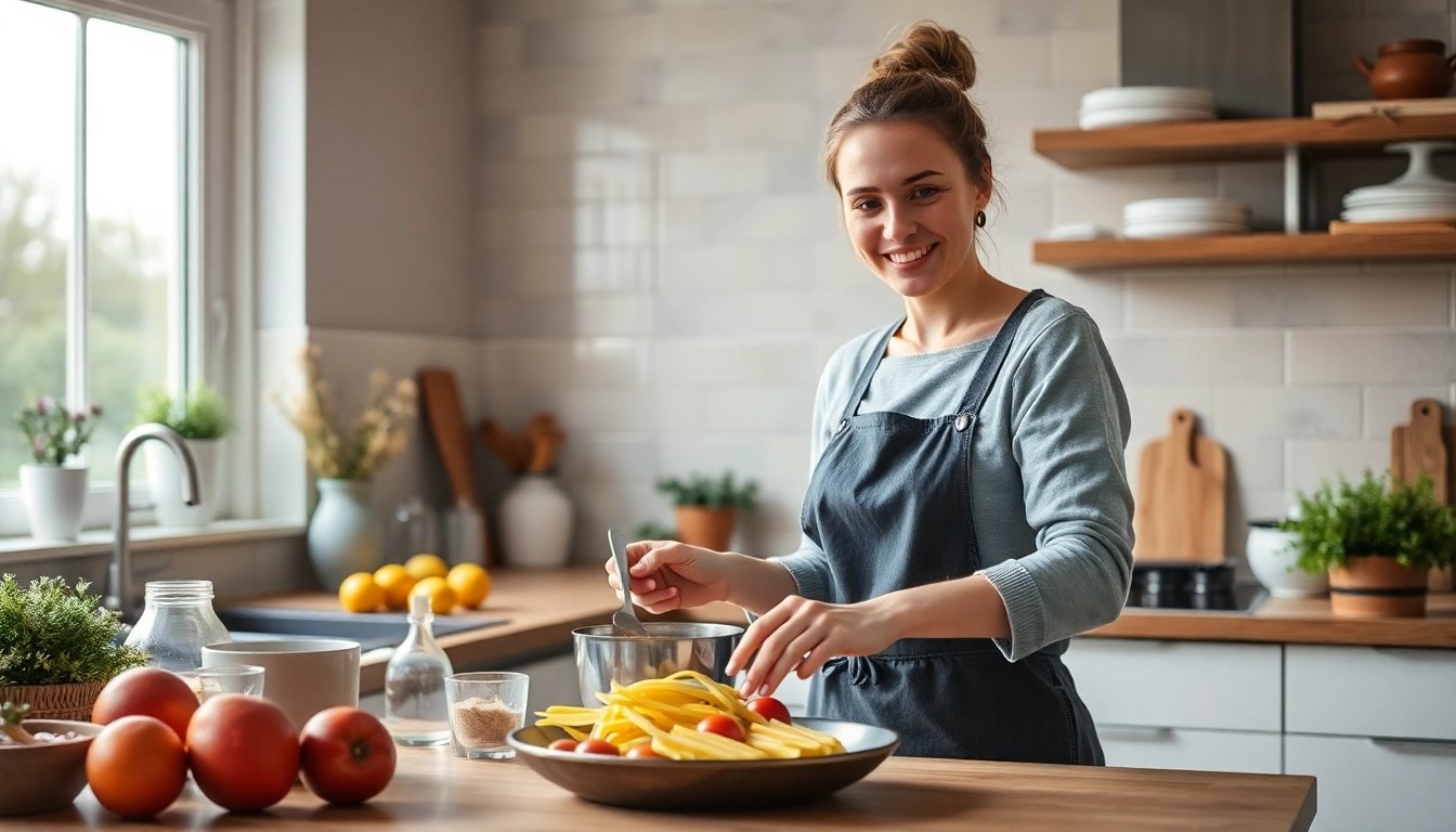 Hauswirtschaftskraft in Hameln bereitet frische Mahlzeiten in einer einladenden Küche zu.