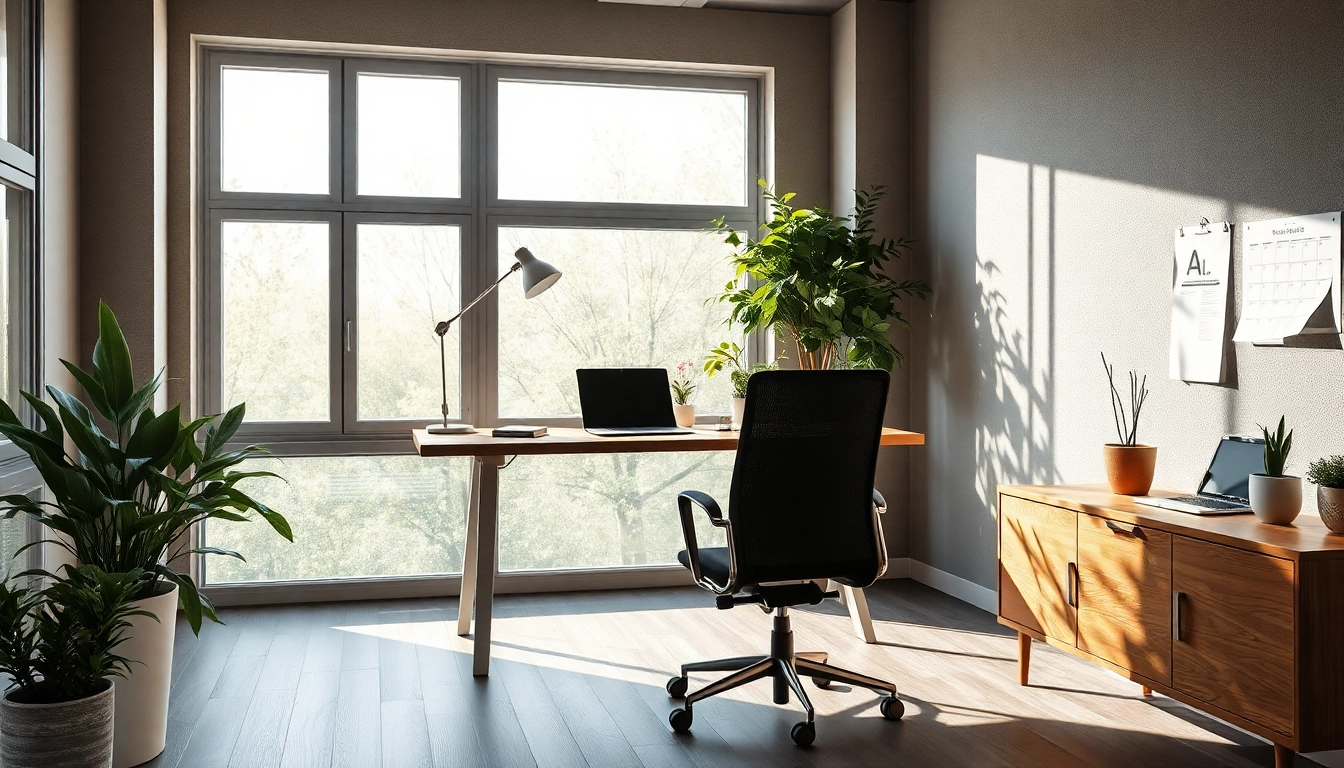 Büromöbel in einem modernen Büro mit ergonomischem Schreibtisch und Stuhl, die Produktivität steigern.