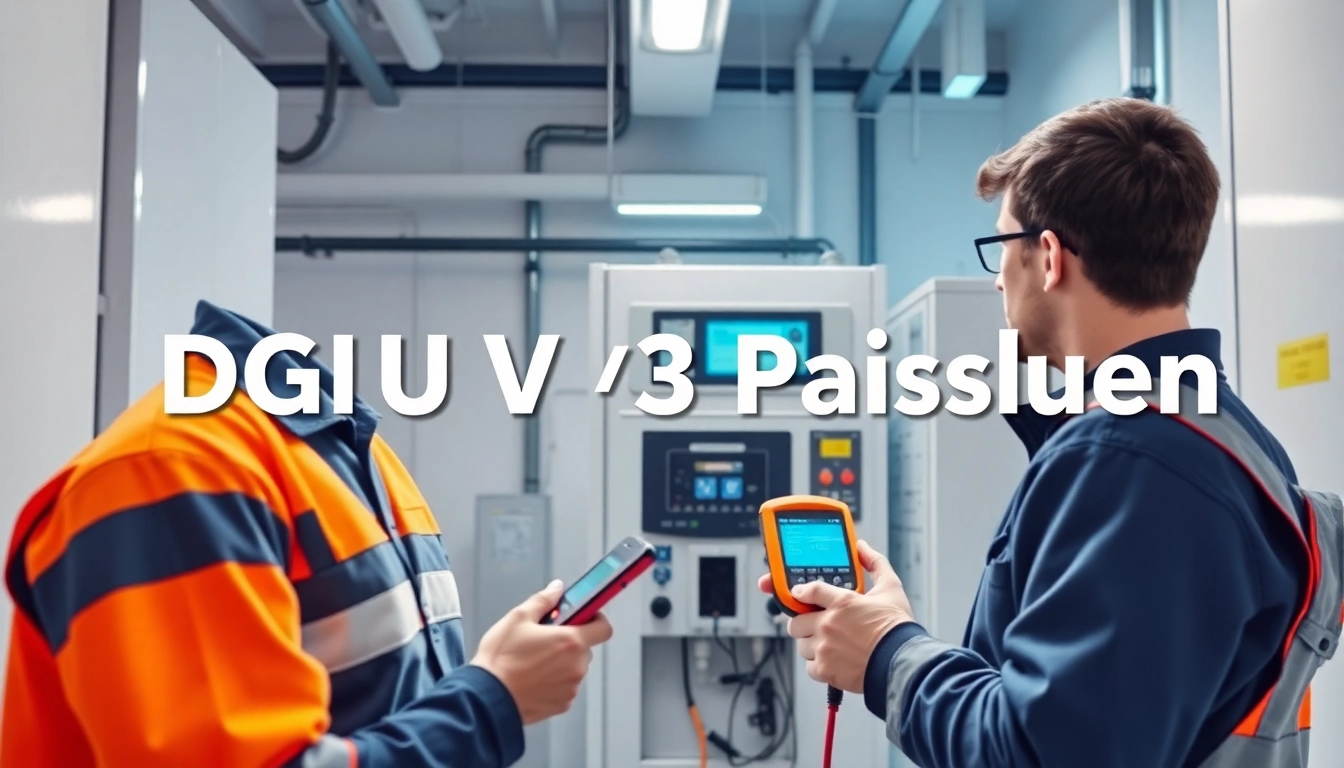 Technicians conducting a DGUV V3 Prüfung on electrical equipment with testing tools in a professional environment.