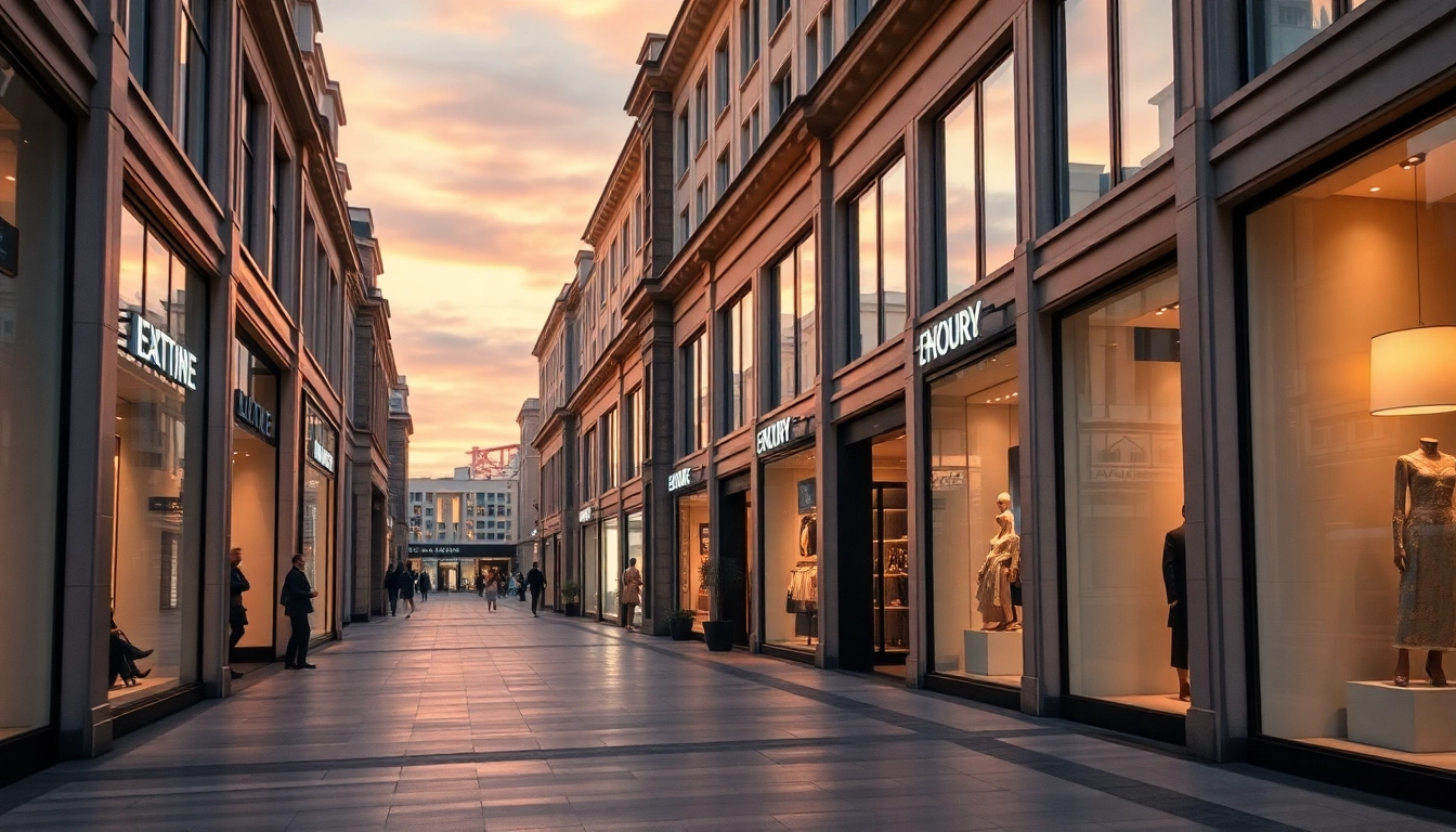 Luxury shopping street at twilight showcasing exquisite boutique displays