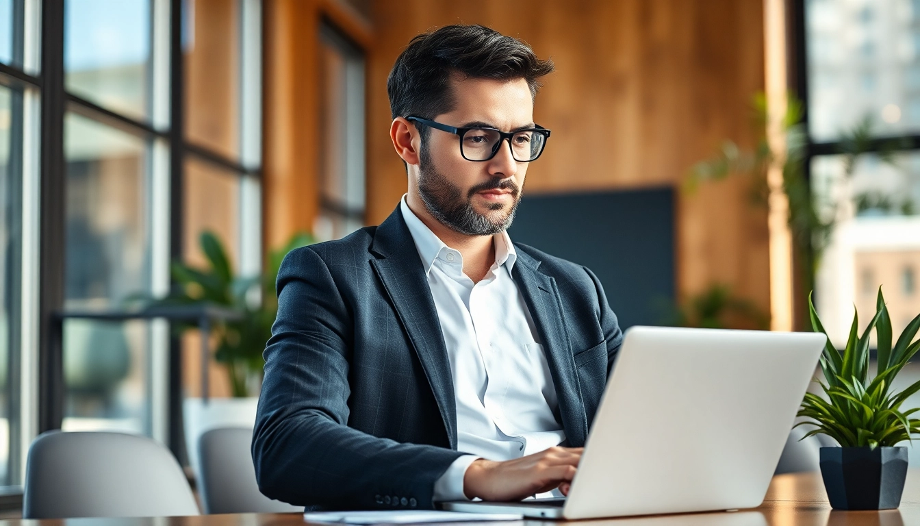 Headhunter Finance in einem modernen Büro, das mit einem Laptop und einem potenziellen Kandidaten kommuniziert.