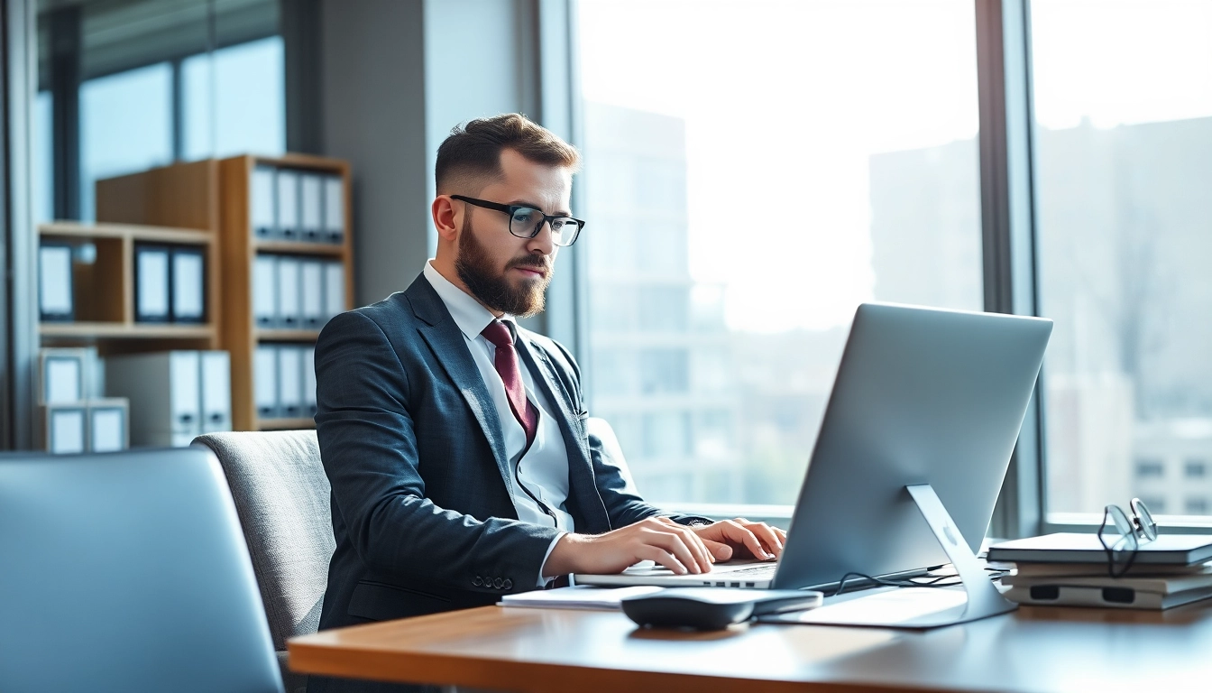Headhunter Mühlheim bei der Arbeit in einem modernen Büro, konzentriert auf seinen Laptop.