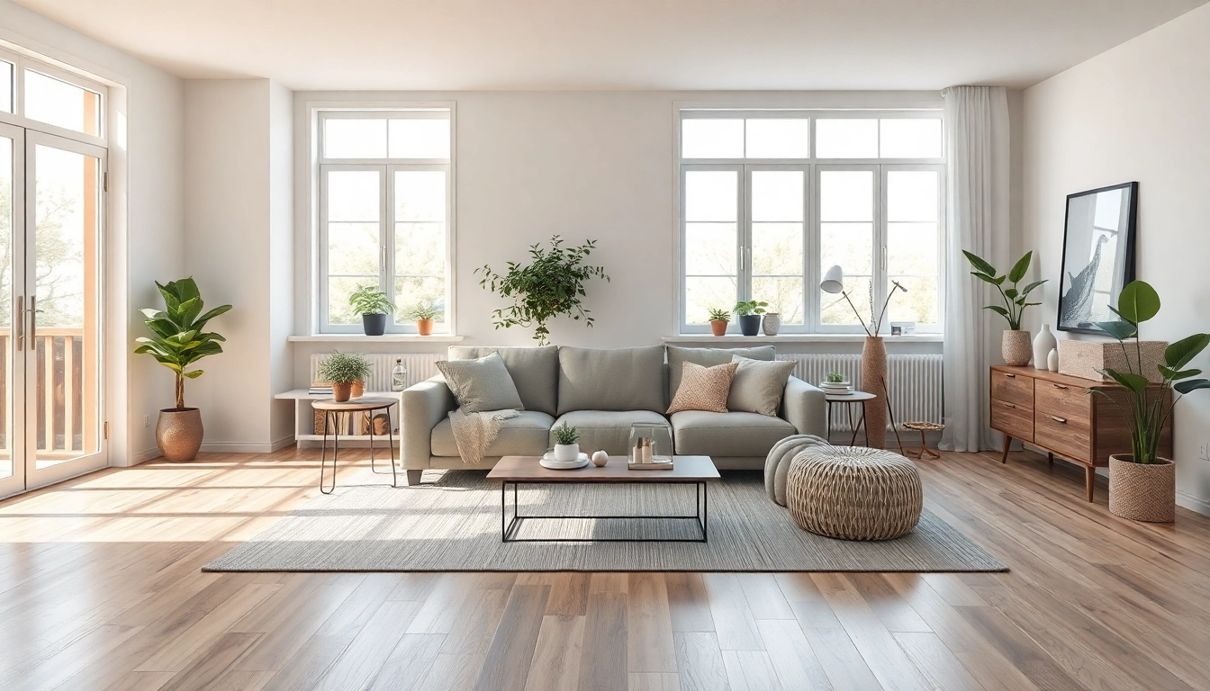 Raumgestaltung eines eleganten Wohnzimmers mit warmem Licht und gemütlicher Atmosphäre.