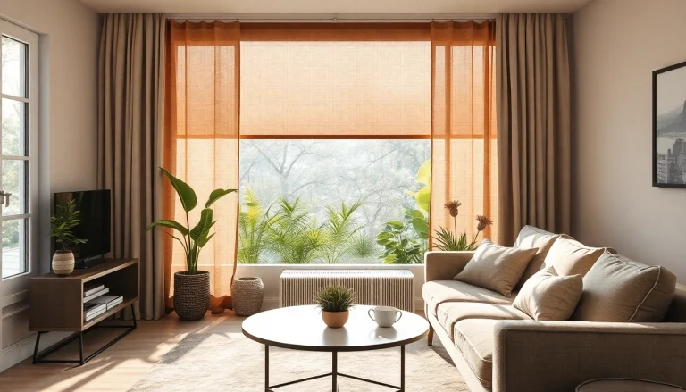 Plissee ohne Bohren in einem modernen Wohnzimmer, Nizza Licht und dekorative Einrichtung.