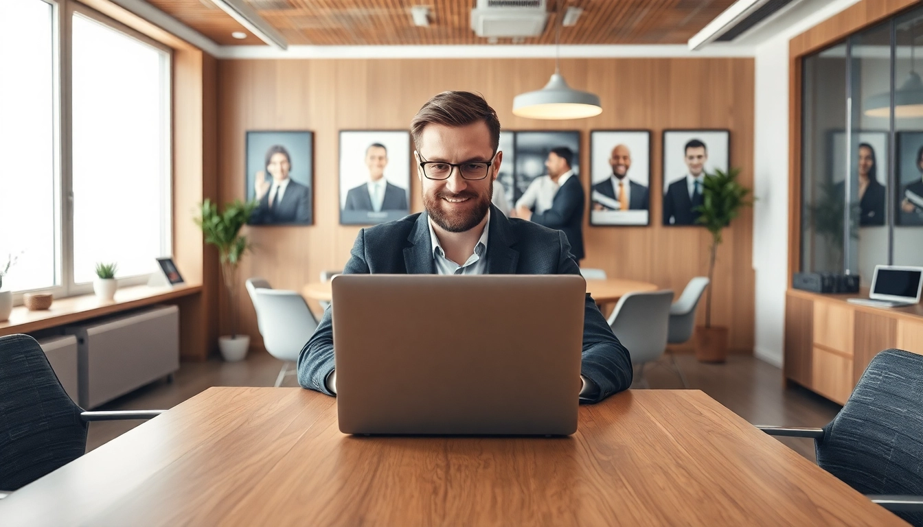 Headhunter München arbeitet fokussiert am Laptop in einem modernen Büro.