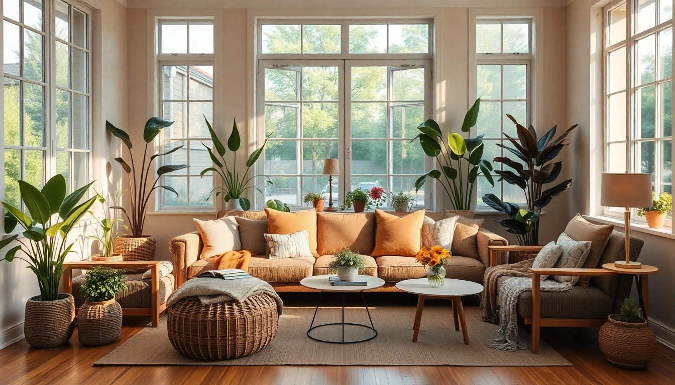 Raumgestaltung eines modernen Wohnzimmers mit warmen Licht und Pflanzen.