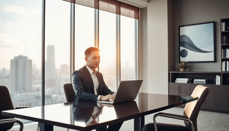 Headhunter führt ein Gespräch im modernen Büro mit einem Kandidaten, während er auf den Laptop schaut.