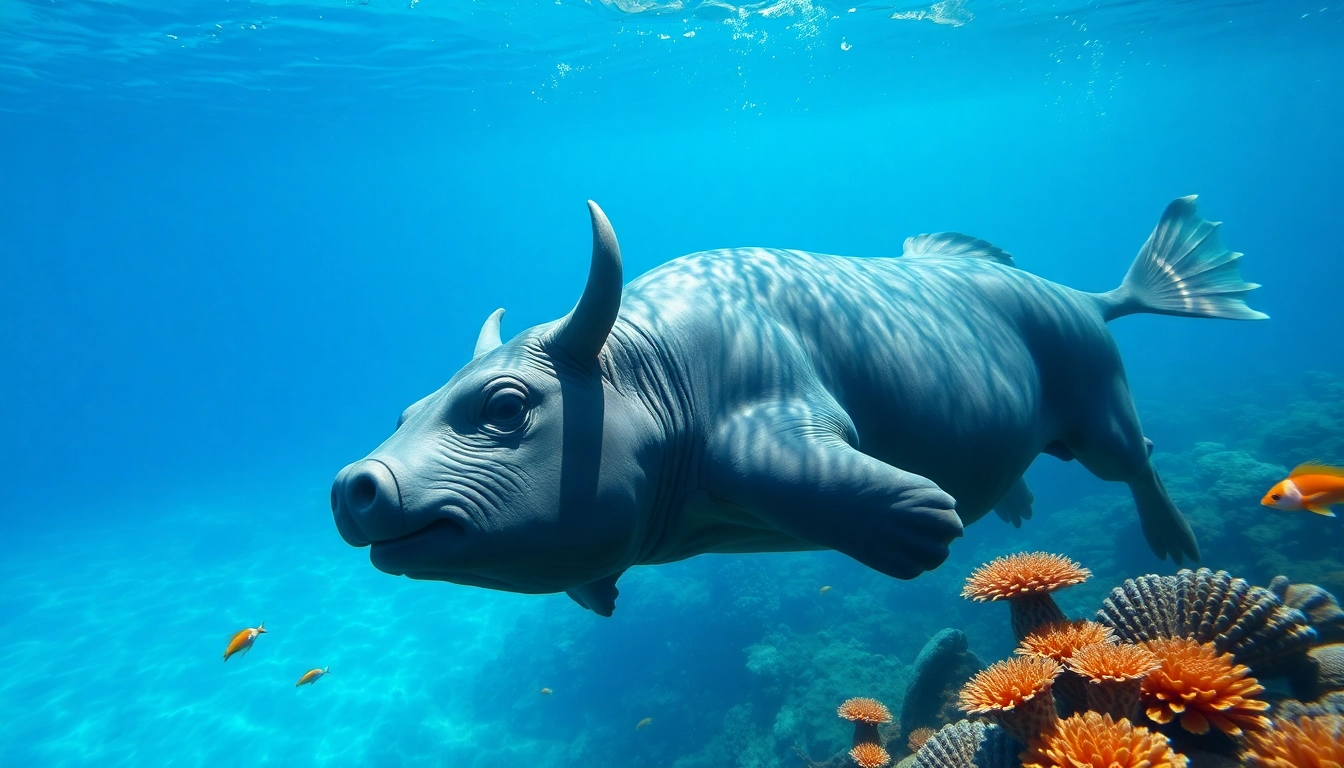 Tauchen Bullenhaie. Print von einem majestätischen Bullenhai, der in klarem Wasser schwimmt, umgeben von Korallen.