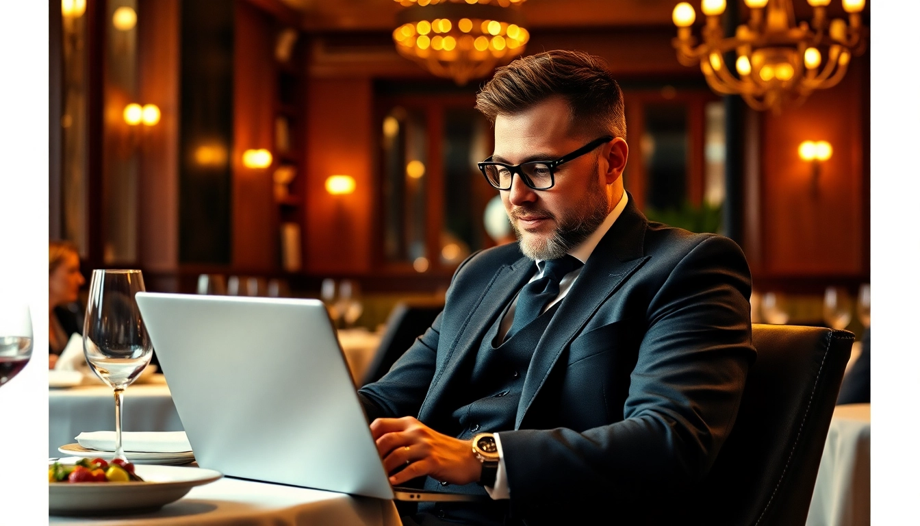 Professioneller Headhunter Gastronomie in elegantem Restaurant, umgeben von exquisiten Speisen.